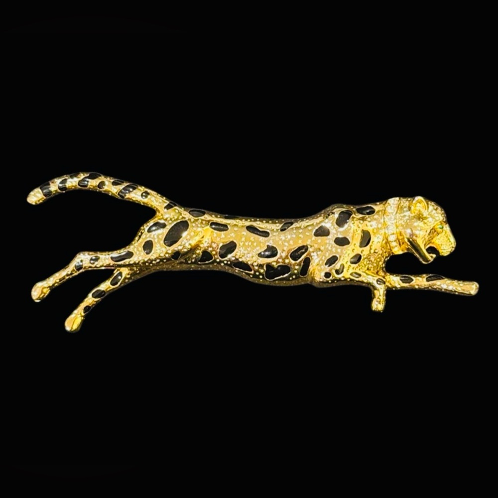 VINTAGE LONG DESIGNER GOLD TONE JAGUAR RHINESTONE PIN BROOCH 6”